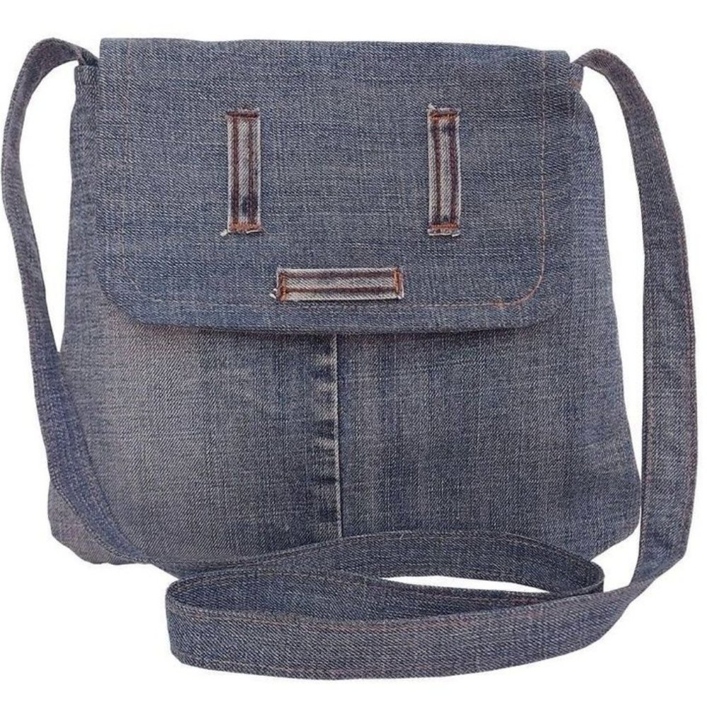 Blue Denim Crossbody Messenger Bag Pockets Lightweight One Of A Kind